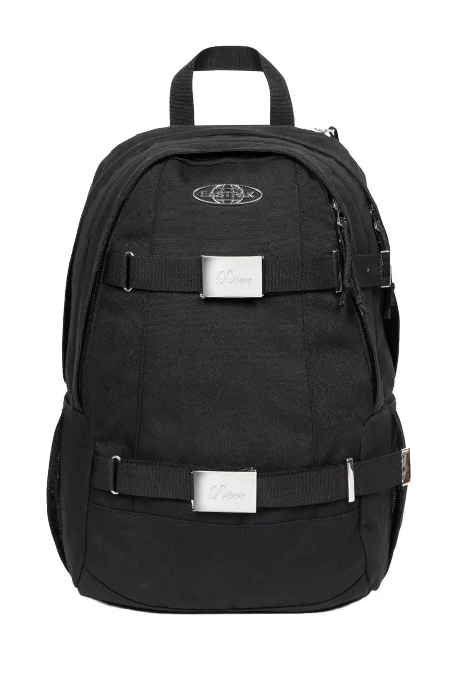 Black eastpak dime men’s backpack with silver metal buckles and front brand logo in durable fabric