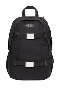 Black eastpak dime men’s backpack with silver metal buckles and front brand logo in durable fabric
