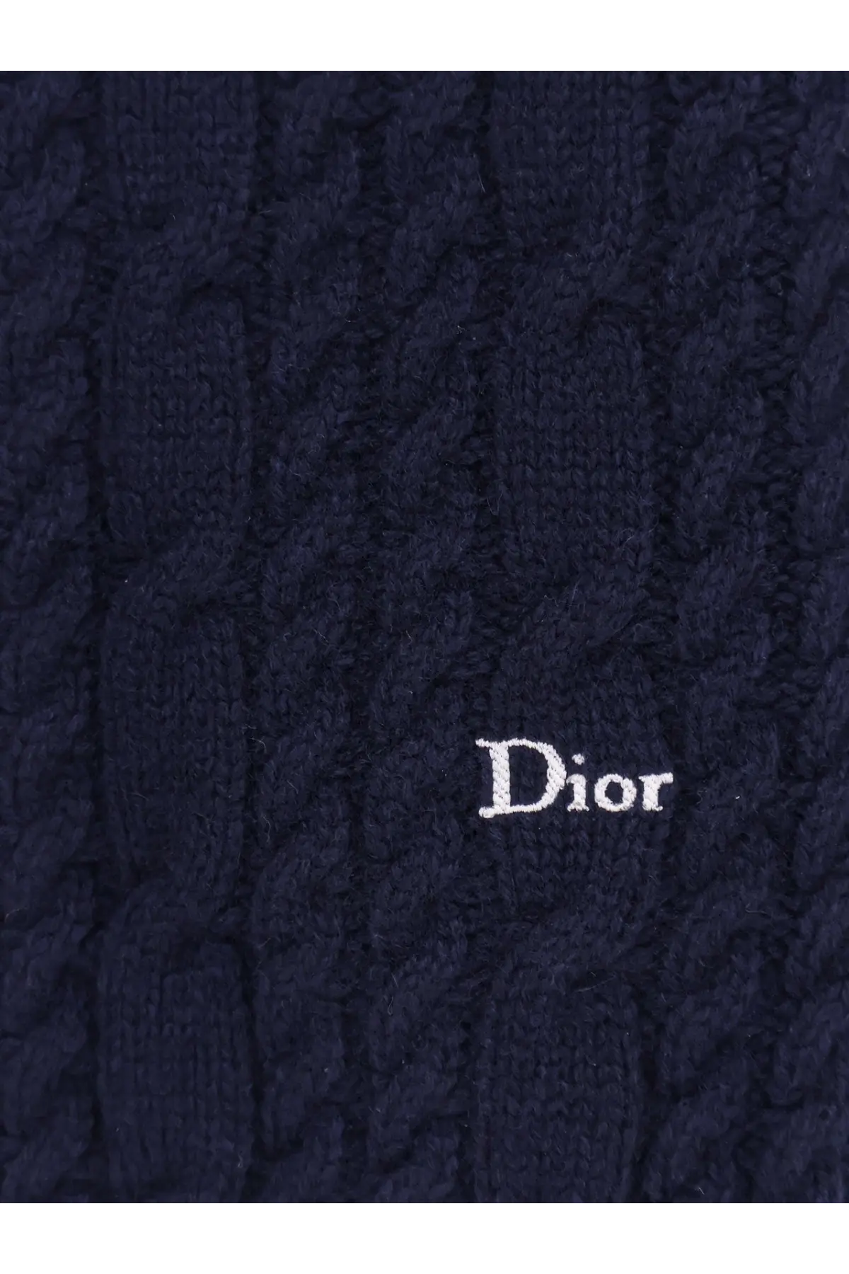 Dior men’s dark navy blue cable knit cashmere sweater with subtle white dior logo embroidered on the chest