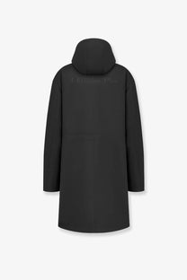 Black christian dior hooded coat with sleek minimalist design and subtle logo on the back in technical fabric