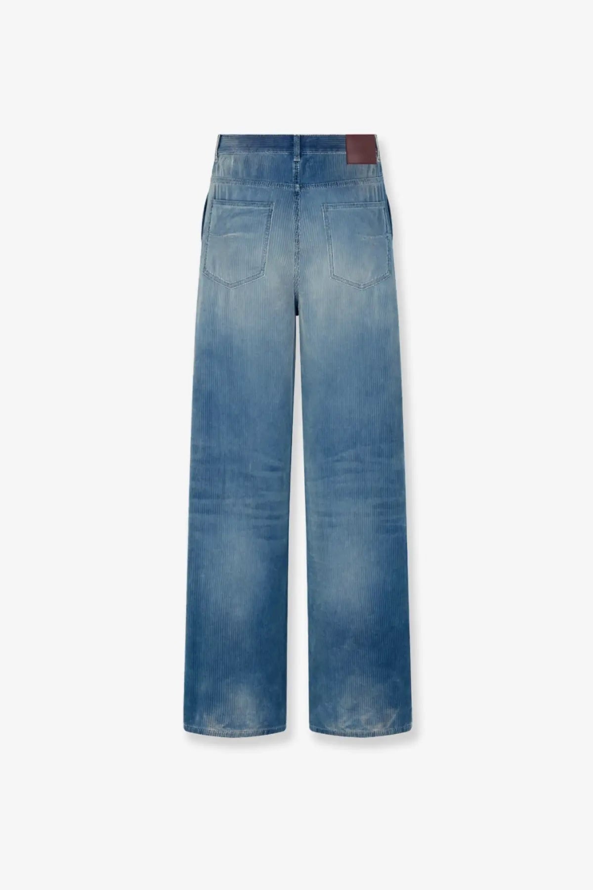 Back side of Dior men’s blue corduroy wide-leg trousers with faded wash and two back pockets