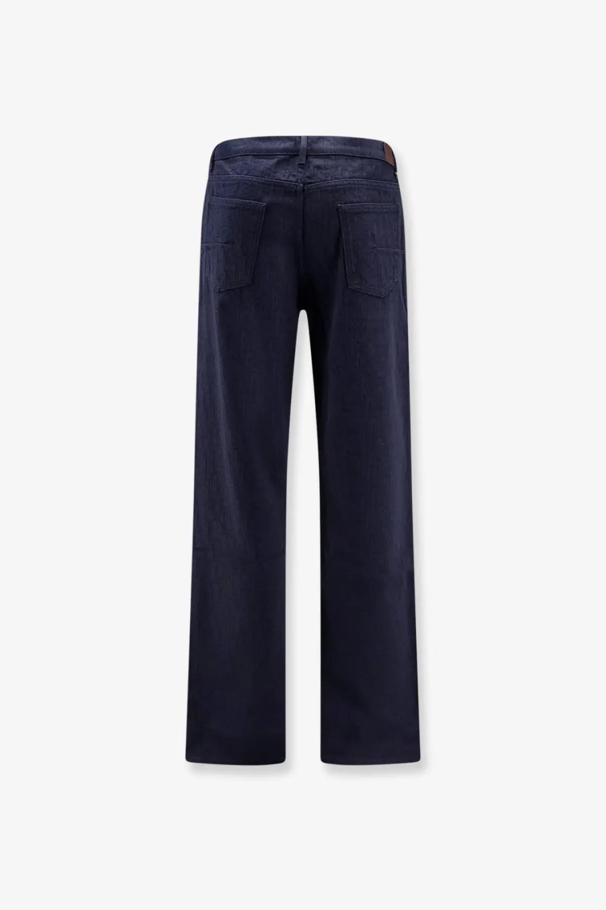 Dark indigo cotton dior men’s jeans with straight-leg cut and classic back pockets shown from the back side