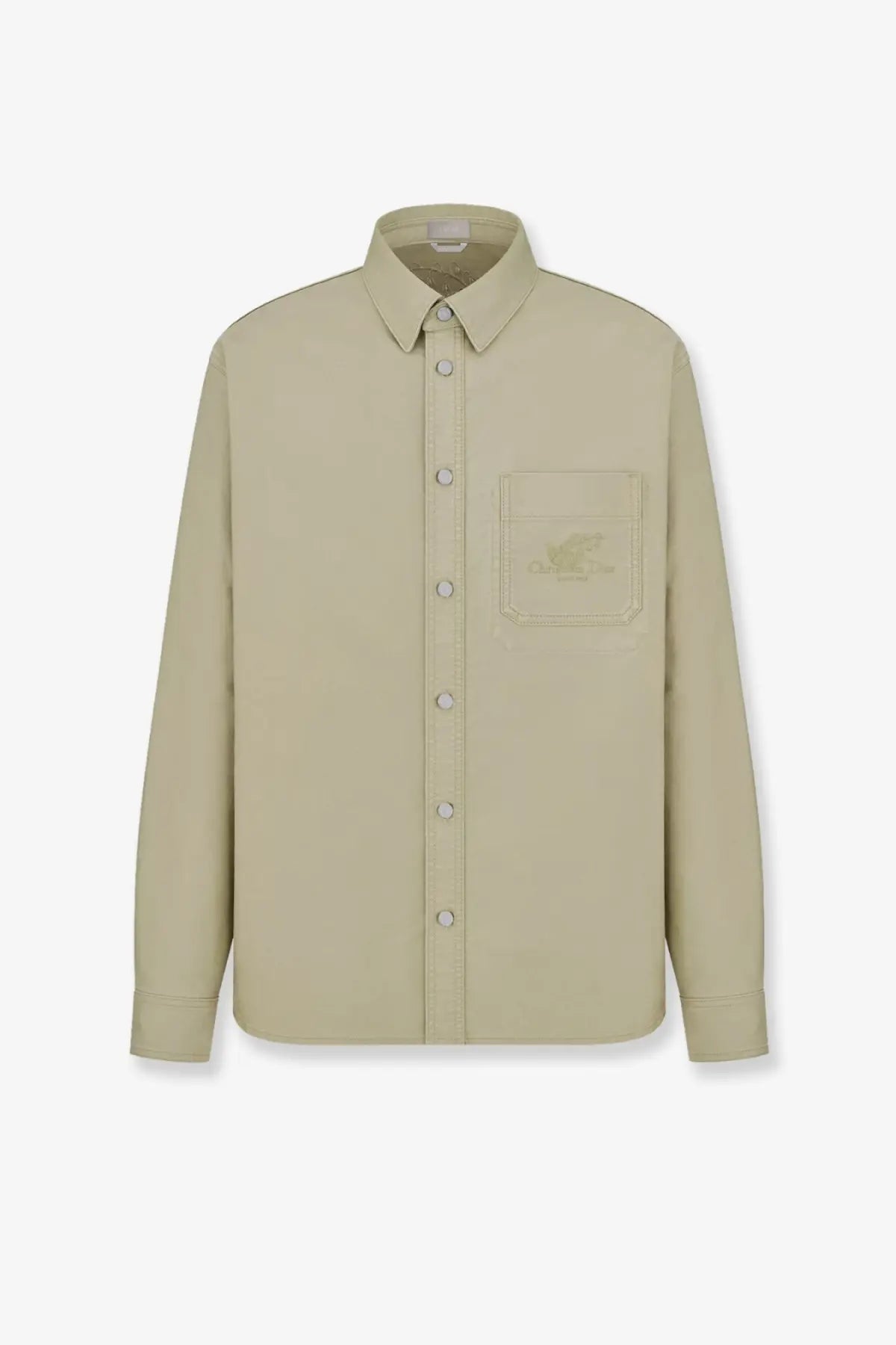 Dior men’s beige cotton long-sleeved button-up shirt with subtle embroidered logo on chest pocket