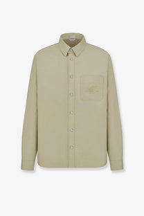 Dior men’s beige cotton long-sleeved button-up shirt with subtle embroidered logo on chest pocket