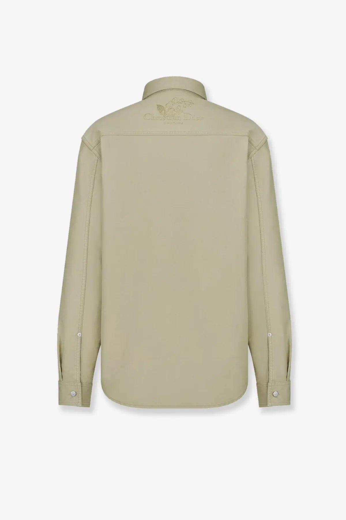 Beige dior men’s cotton shirt with long sleeves and subtle embroidered logo visible on the back collar