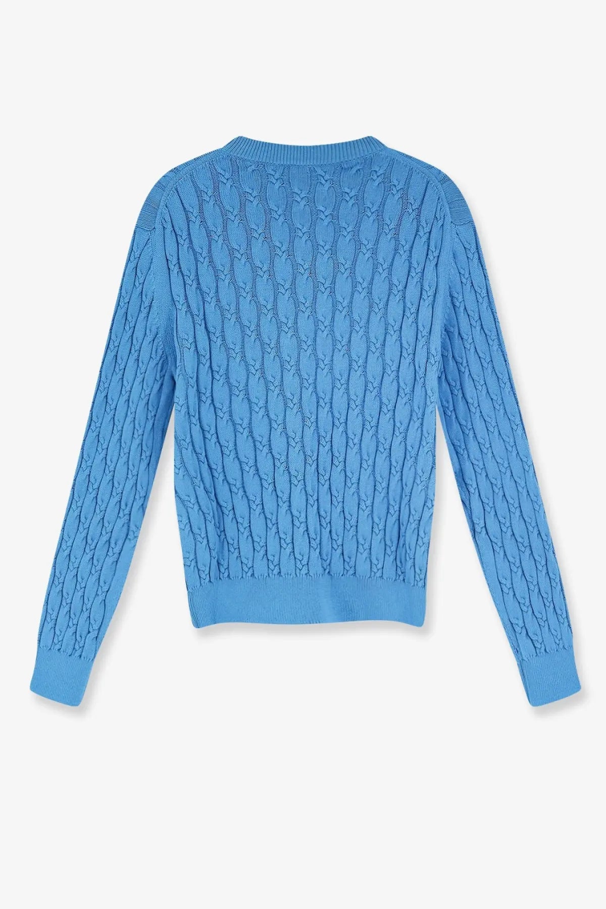 A vibrant blue Dior men’s cotton cable knit sweater with textured interwoven pattern and ribbed cuffs