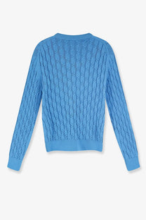 A vibrant blue Dior men’s cotton cable knit sweater with textured interwoven pattern and ribbed cuffs