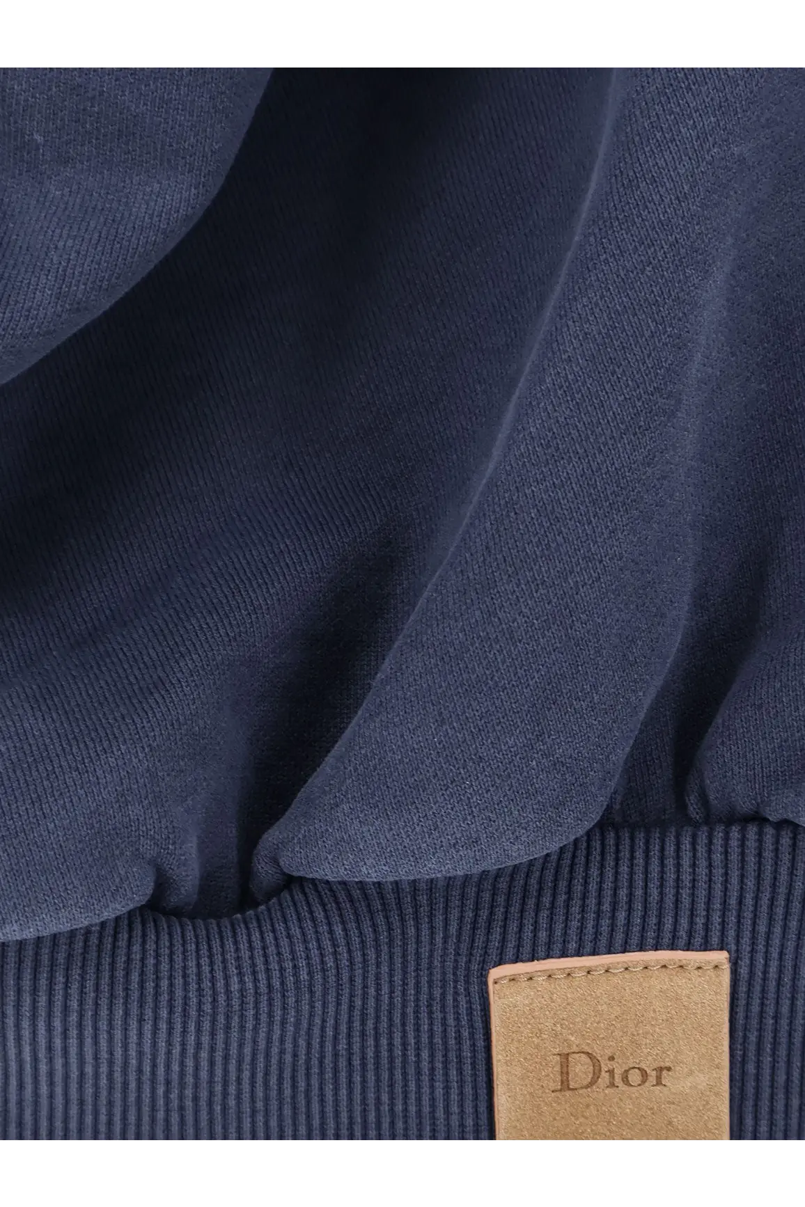 Navy blue ribbed knit cotton sweatshirt for men with tan leather Dior brand label stitched at the hem