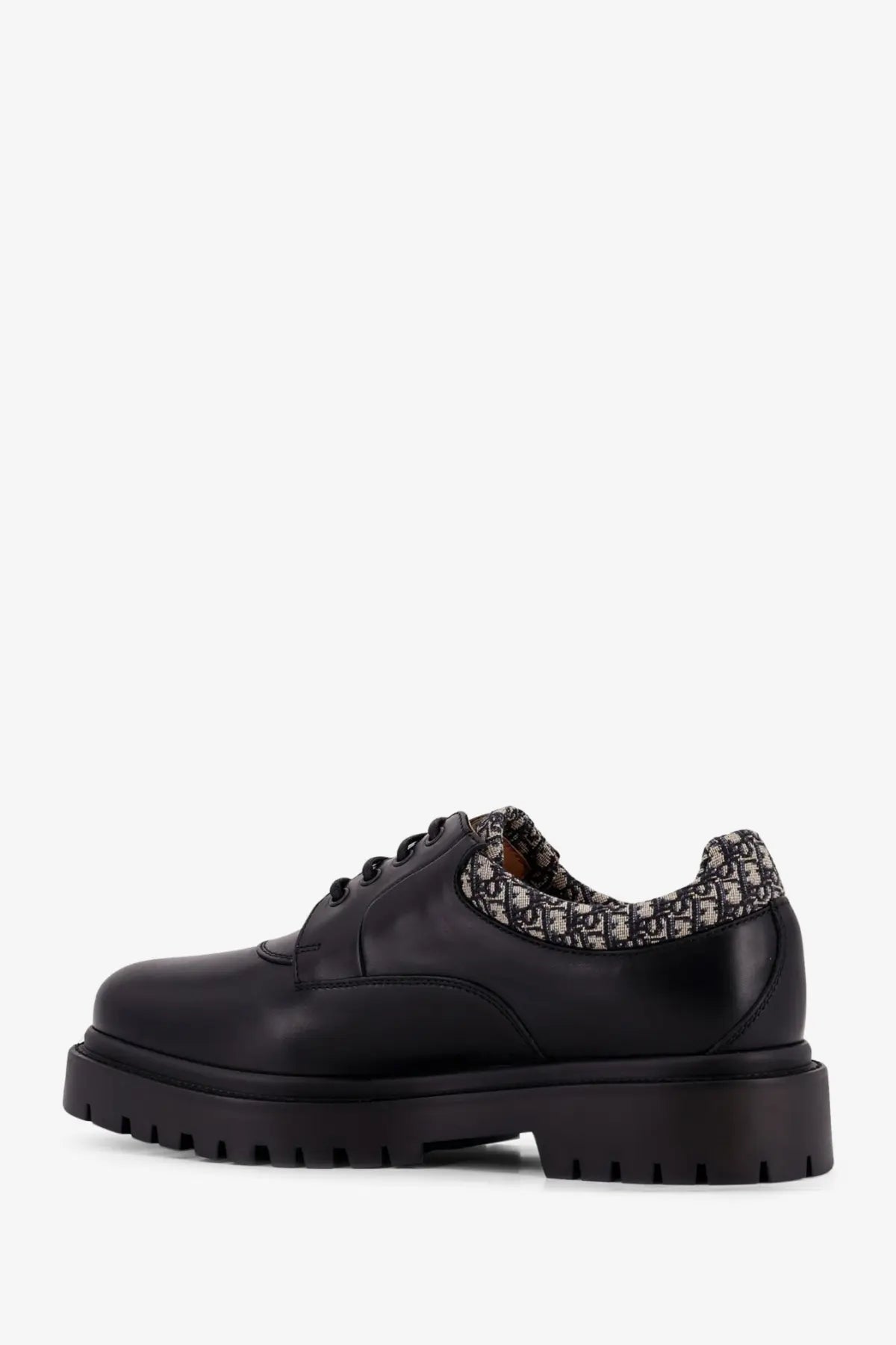 Black leather Dior men’s DH Dexpii lace-up shoe with chunky sole and Dior logo pattern lining the collar