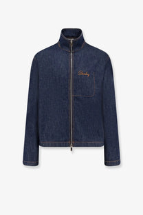 Dark blue denim jacket with high collar front zipper and gold embroidered diorlong on left chest pocket by Dior Mens