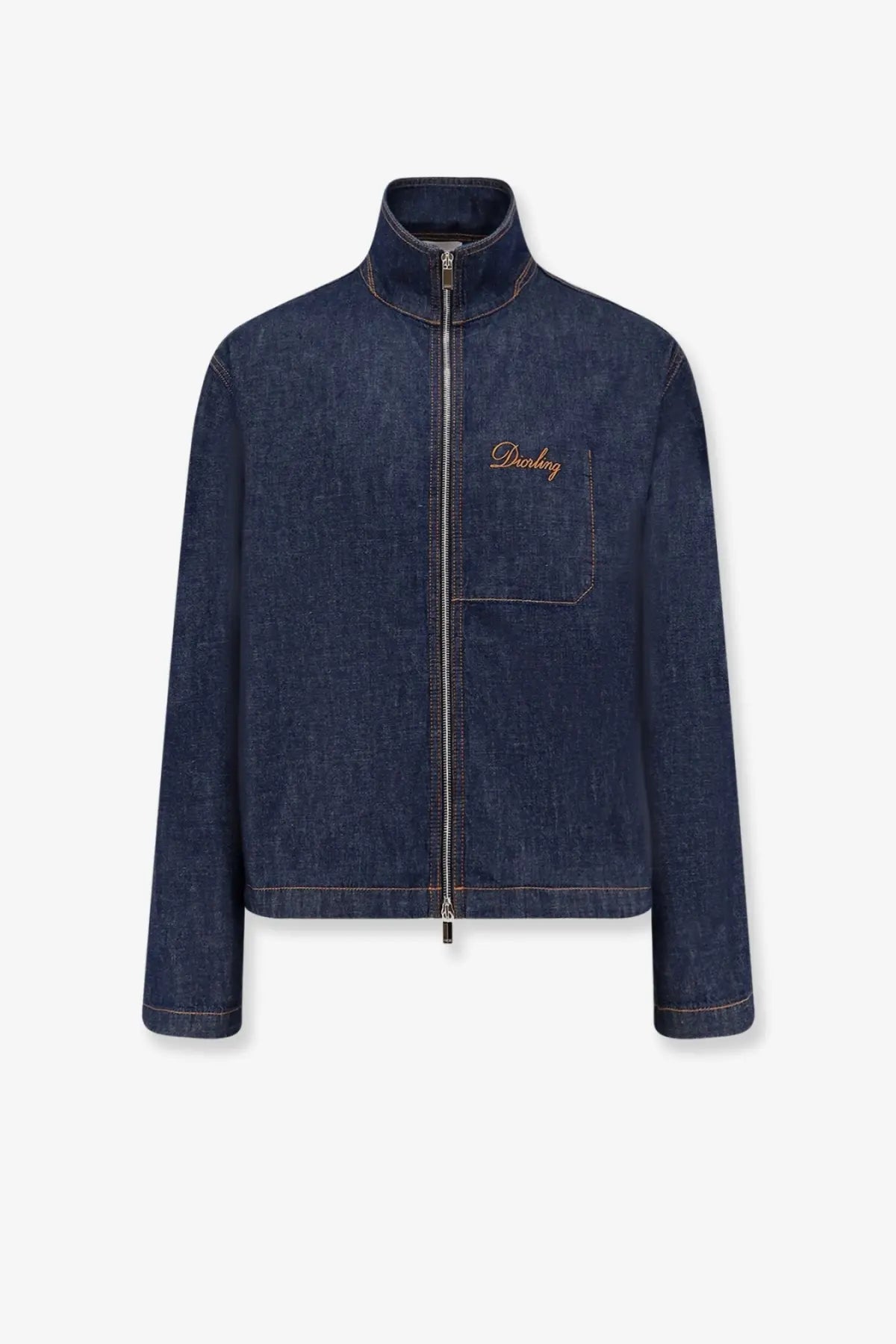 Dark blue denim jacket with high collar front zipper and gold diorlong embroidery on left chest pocket by Dior