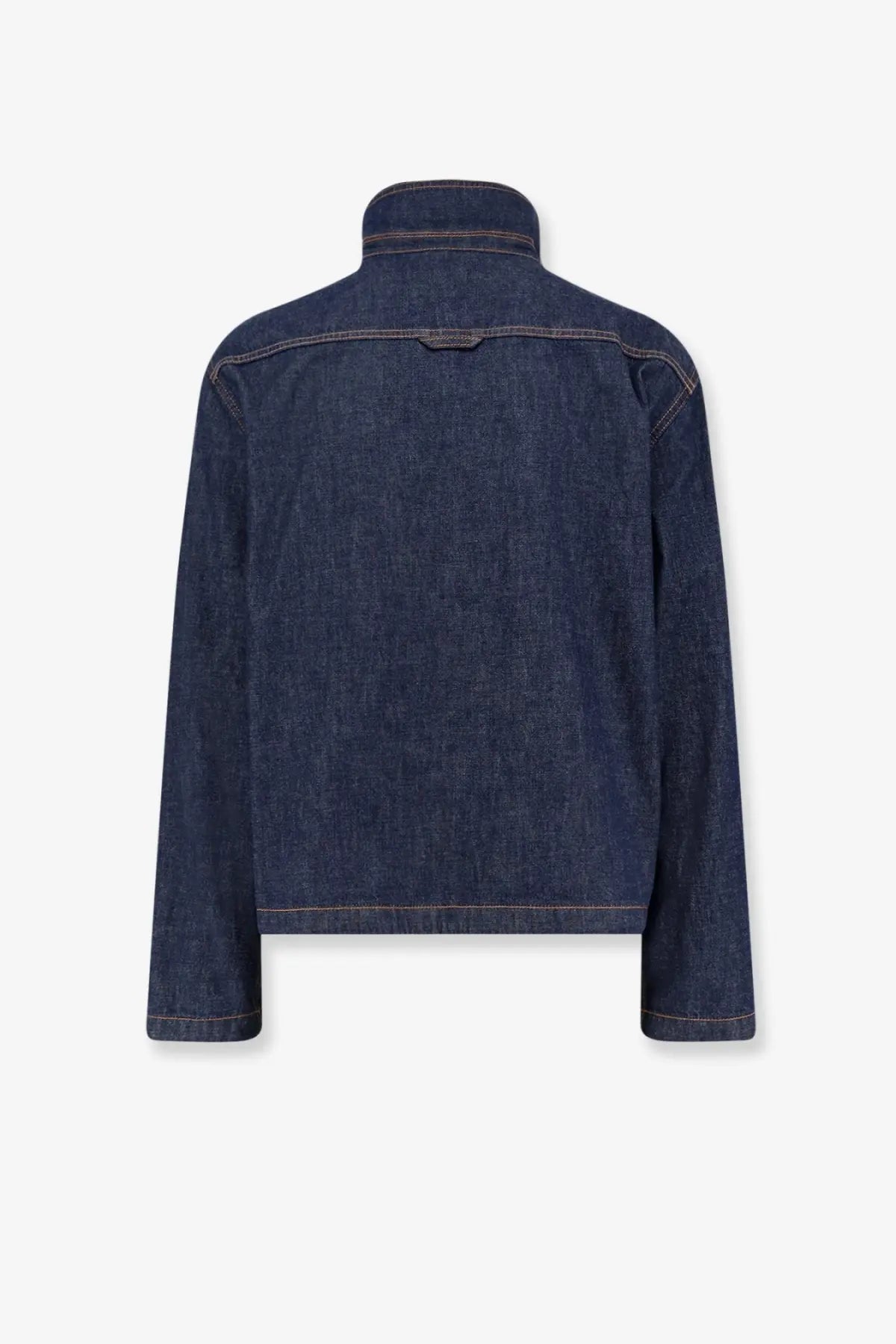 Dark blue denim jacket by Dior featuring a stand-up collar and contrasting stitching in menswear style