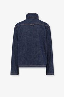 Dark blue denim jacket by Dior featuring a stand-up collar and contrasting stitching in menswear style
