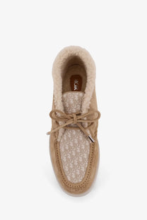 Beige dior granville suede lace moccasin with shearling lining and monogram canvas panel for men