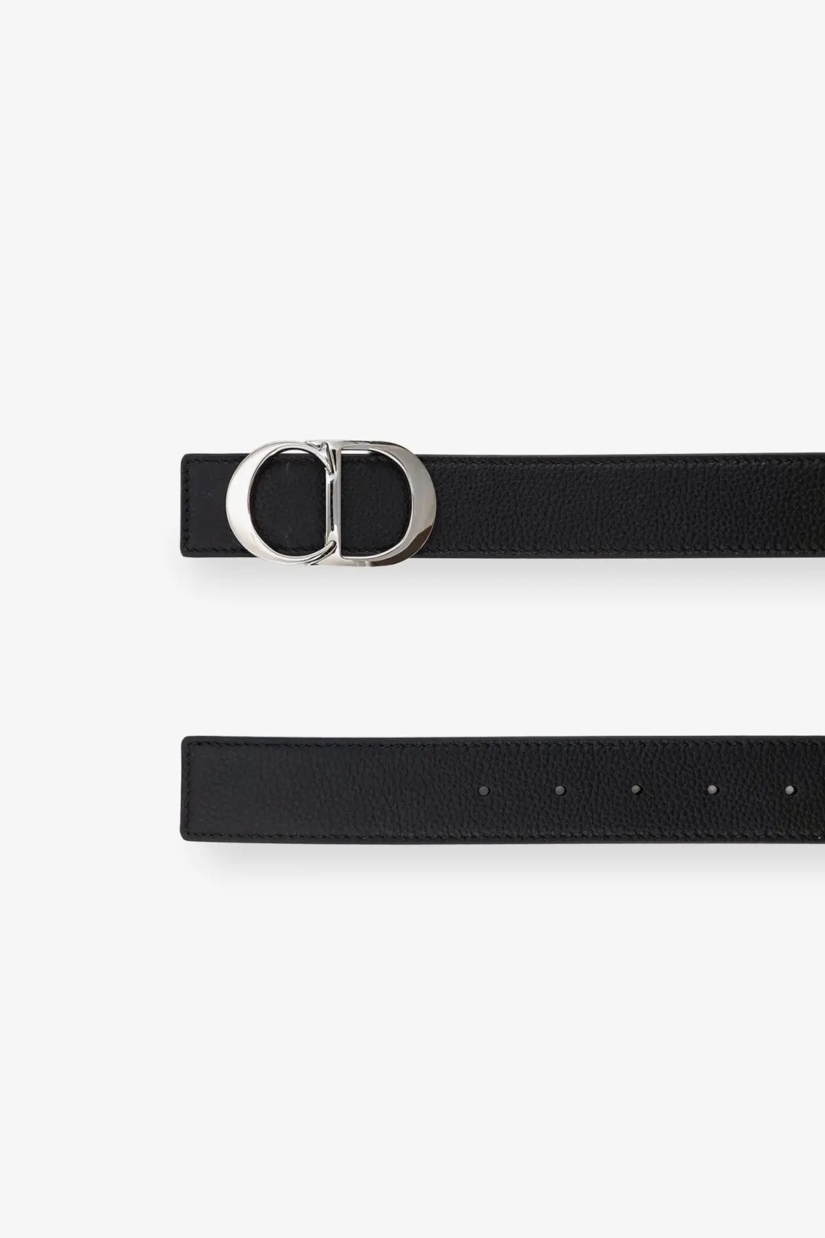Dior men’s hammered black leather belt with silver-toned d-shaped buckle for stylish casual wear