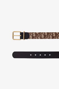 Dior men’s leather belt brown with beige and brown oblique print and gold-tone buckle
