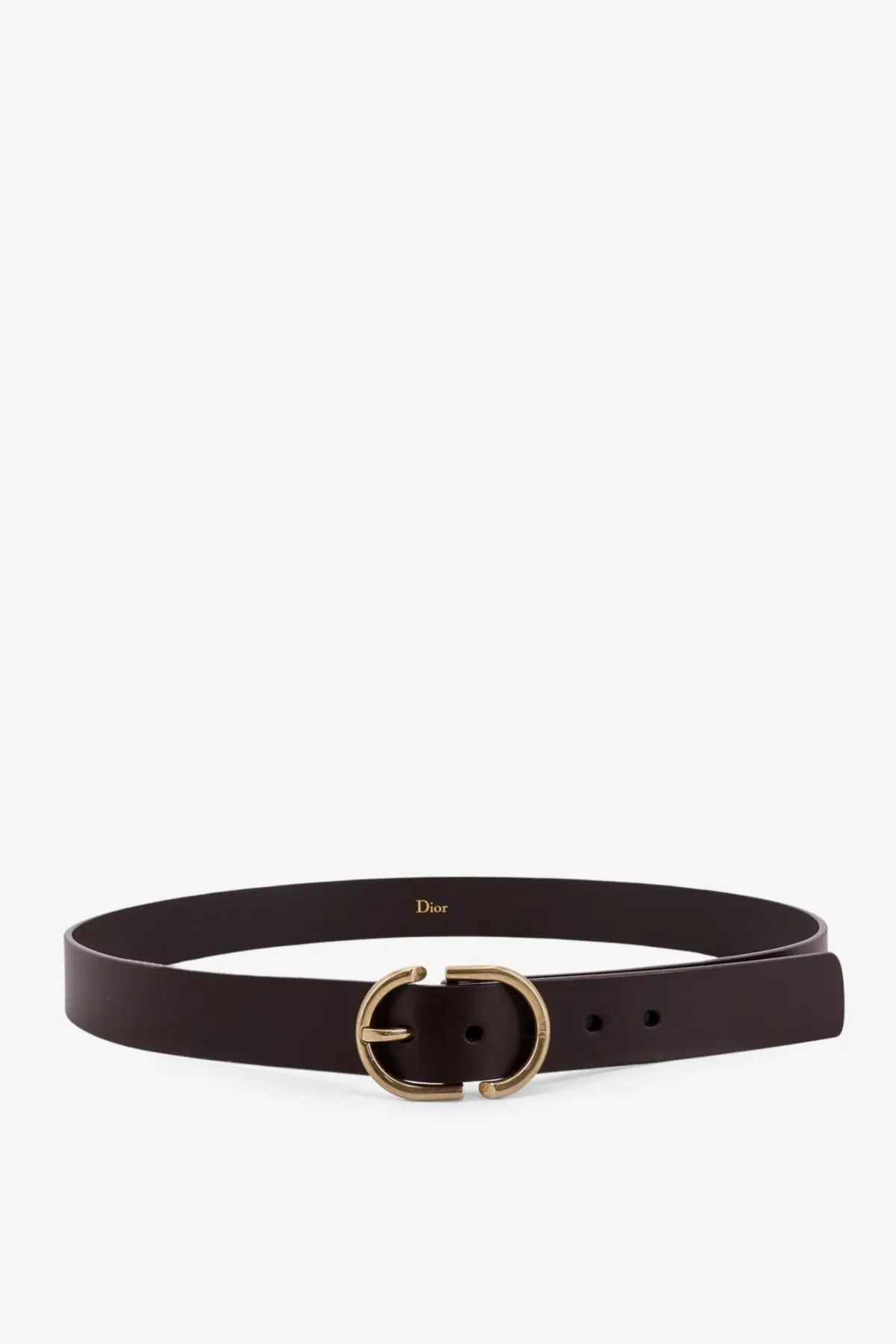 Dior men’s brown leather belt with gold tone circular buckle and Dior logo embossed on the inner side