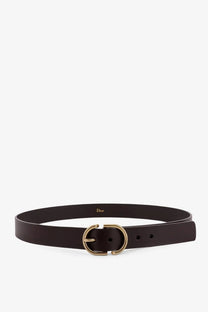 Dior men’s brown leather belt with gold tone circular buckle and Dior logo embossed on the inner side