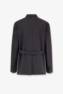 Dior men’s black virgin wool and alpaca jacquard blazer with dark gray subtle black polka dot pattern and belt