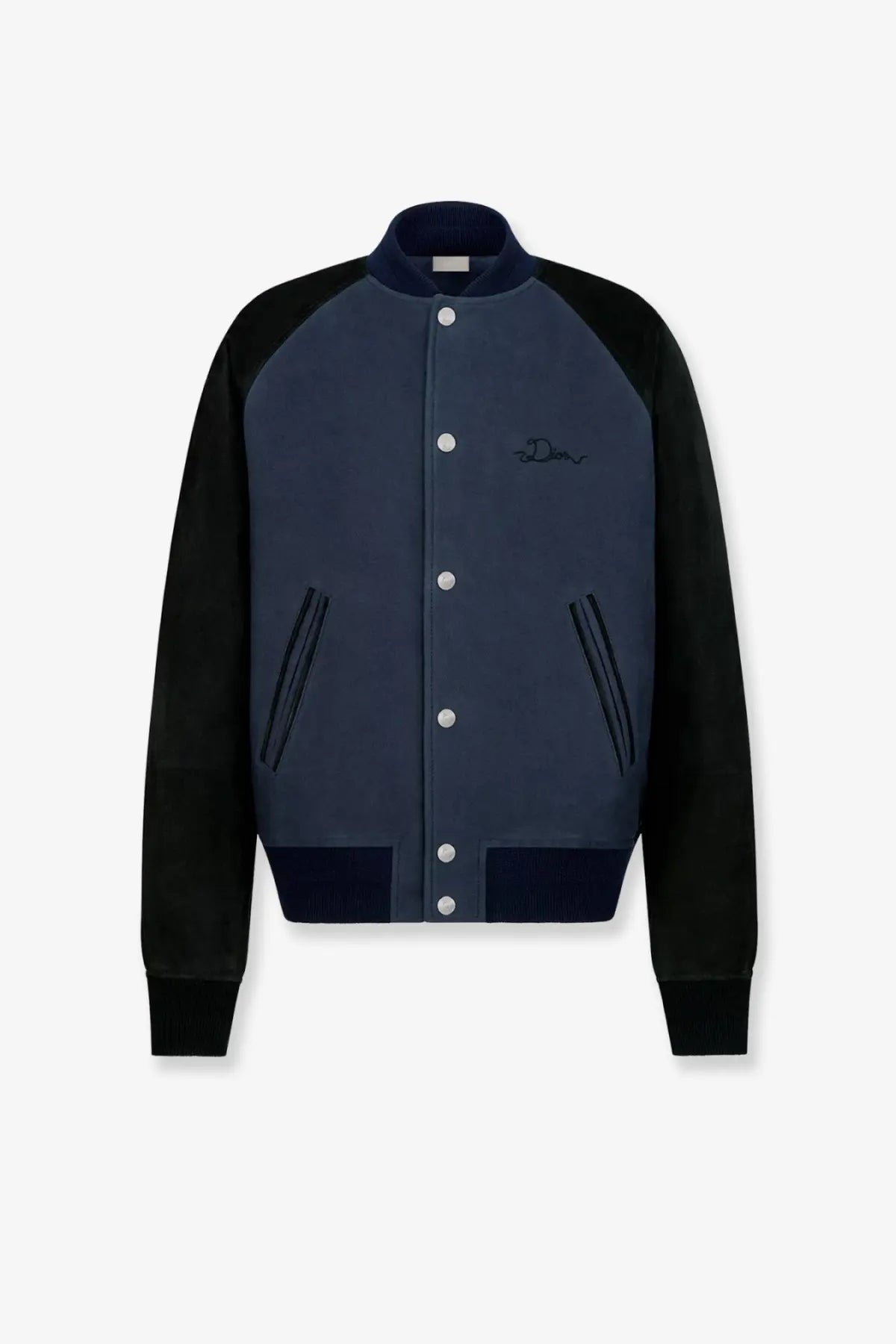 Navy blue and black men’s varsity jacket with contrasting sleeves cotton and suede bomber by dior