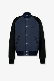 Navy blue and black men’s varsity jacket with contrasting sleeves cotton and suede bomber by dior