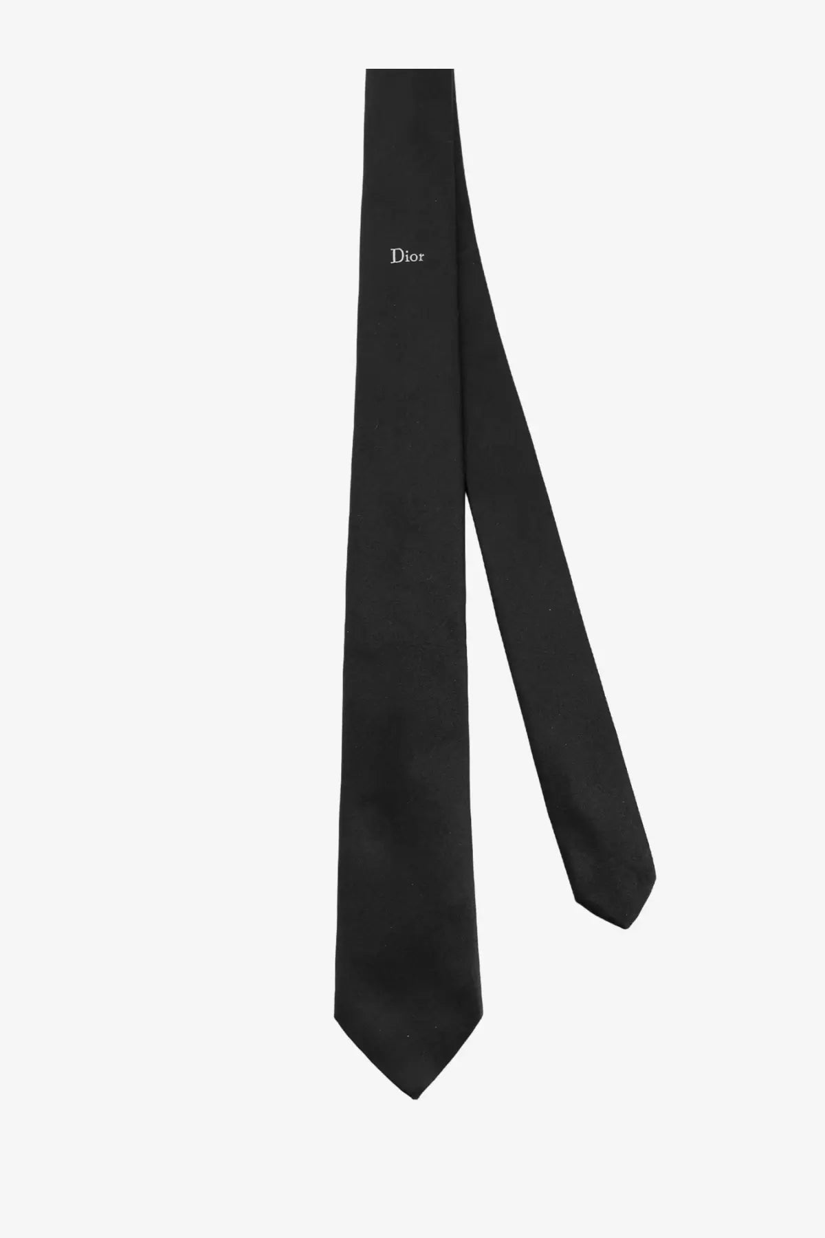Black dior men’s silk tie featuring a subtle elegant embroidered logo near the top