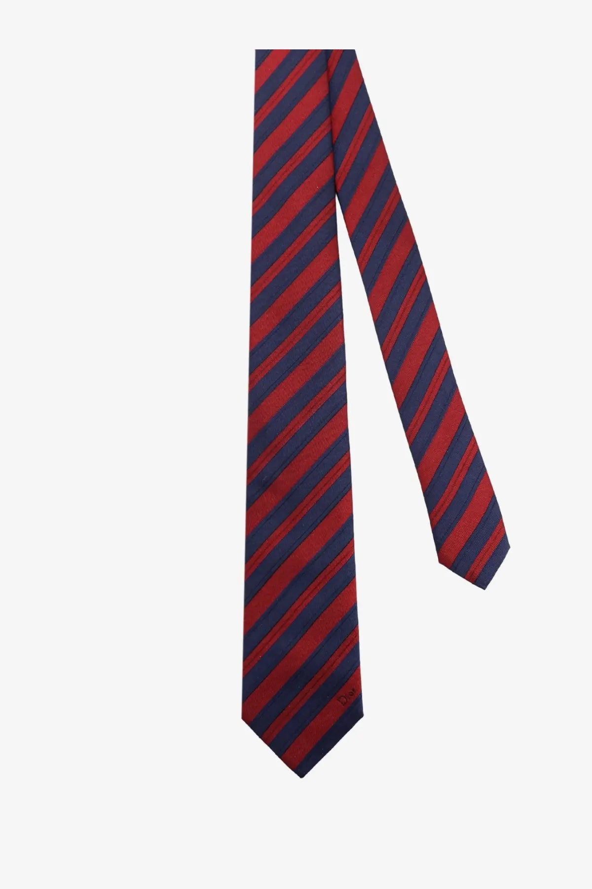 A sleek red and navy blue diagonally striped silk tie with subtle sheen from Dior men’s silk tie blue collection