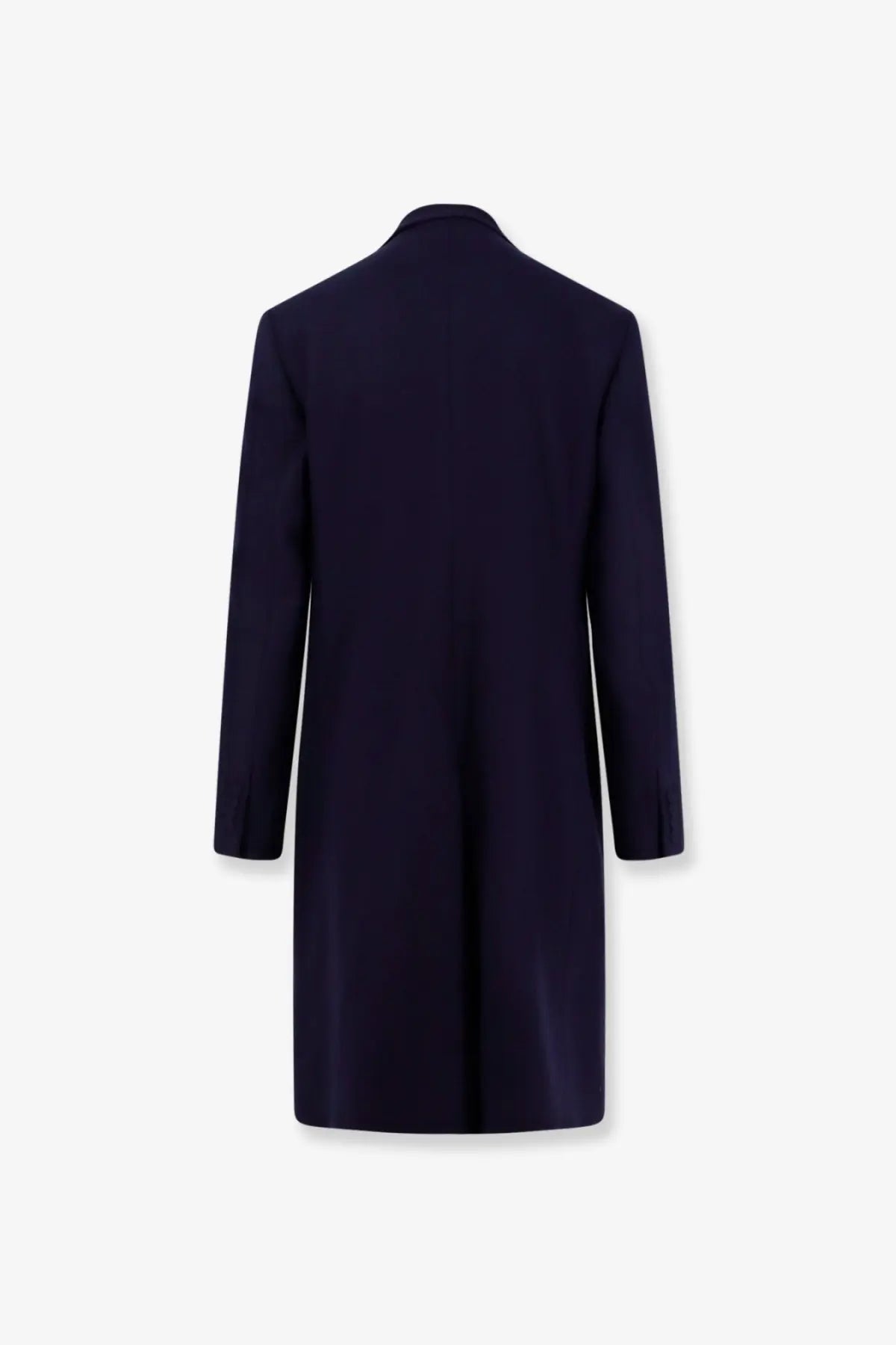 Dior men’s single breasted navy blue wool overcoat with classic collar and tailored fit