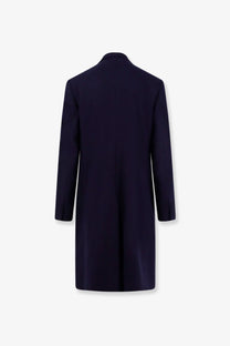 Dior men’s single breasted navy blue wool overcoat with classic collar and tailored fit