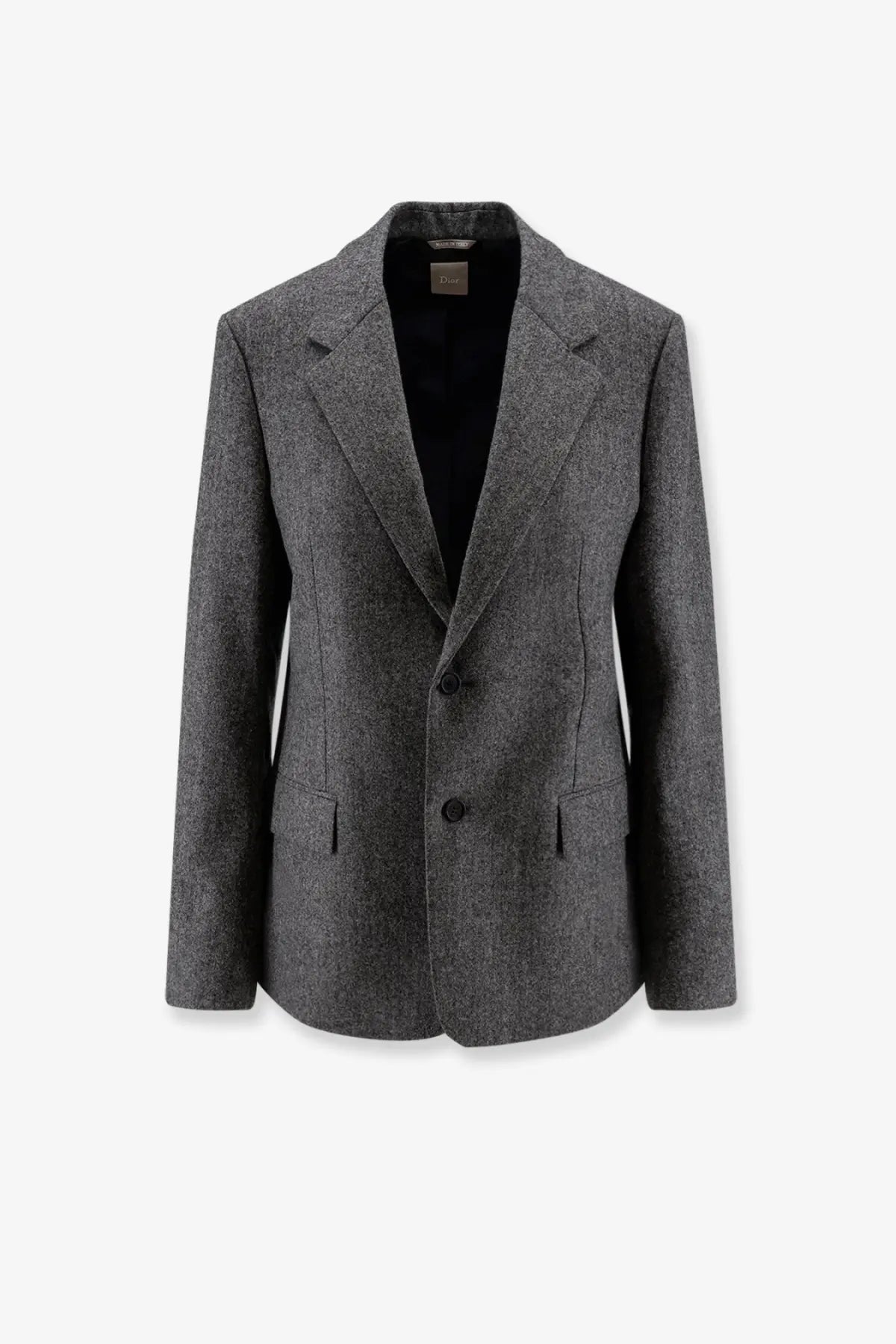 Dior men’s tailored gray virgin wool blazer with subtle herringbone pattern and two front buttons