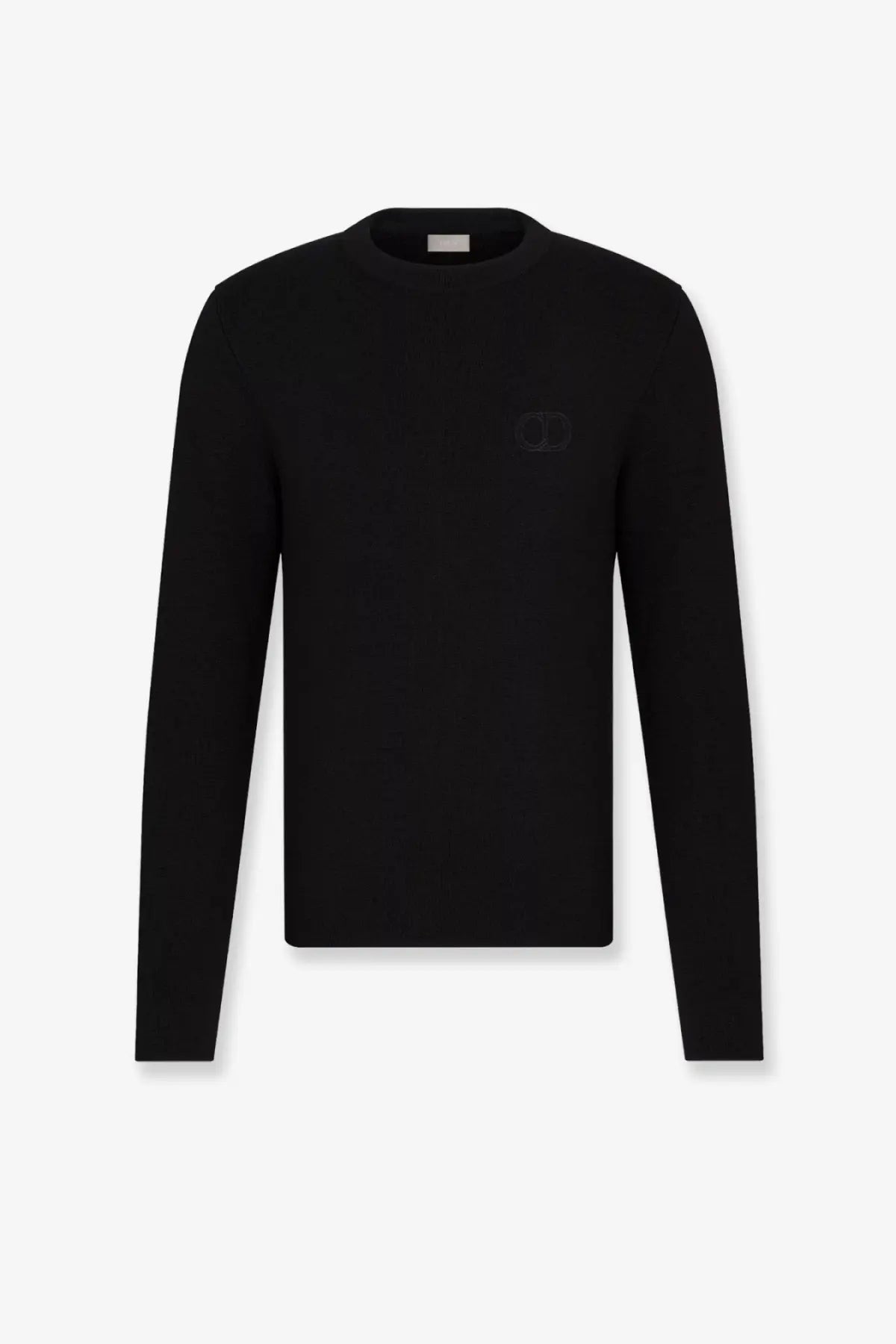 Dior men’s black virgin wool long-sleeved crewneck sweater with subtle embossed logo on left chest