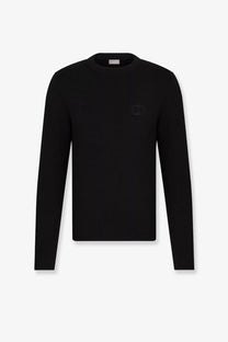 Dior men’s black virgin wool long-sleeved crewneck sweater with subtle embossed logo on left chest