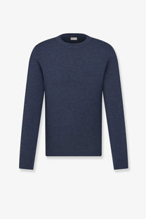 Navy blue Dior men’s virgin wool crewneck sweater with subtle textured knit and embroidered logo on left chest