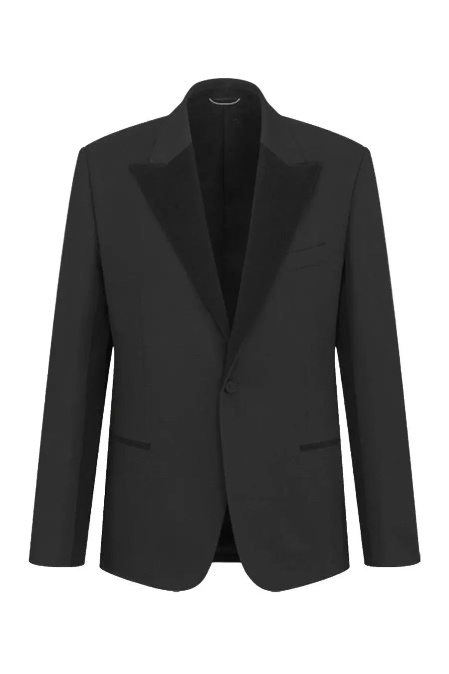 Black tuxedo jacket with satin lapels and single button closure dior men’s wool blazer black front view