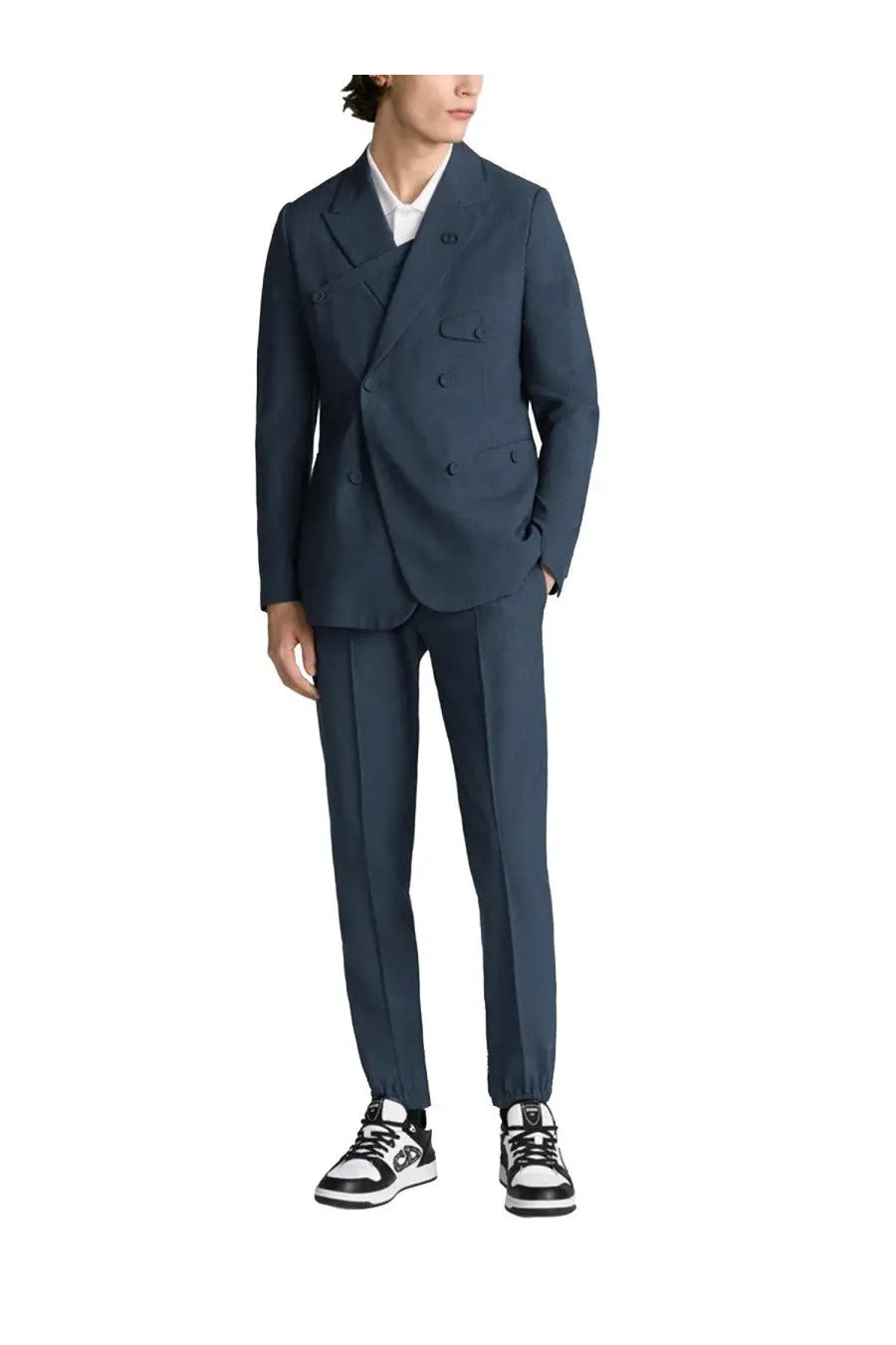 Navy blue wool blend dior men’s double-breasted suit with subtle logo on left chest and matching pants