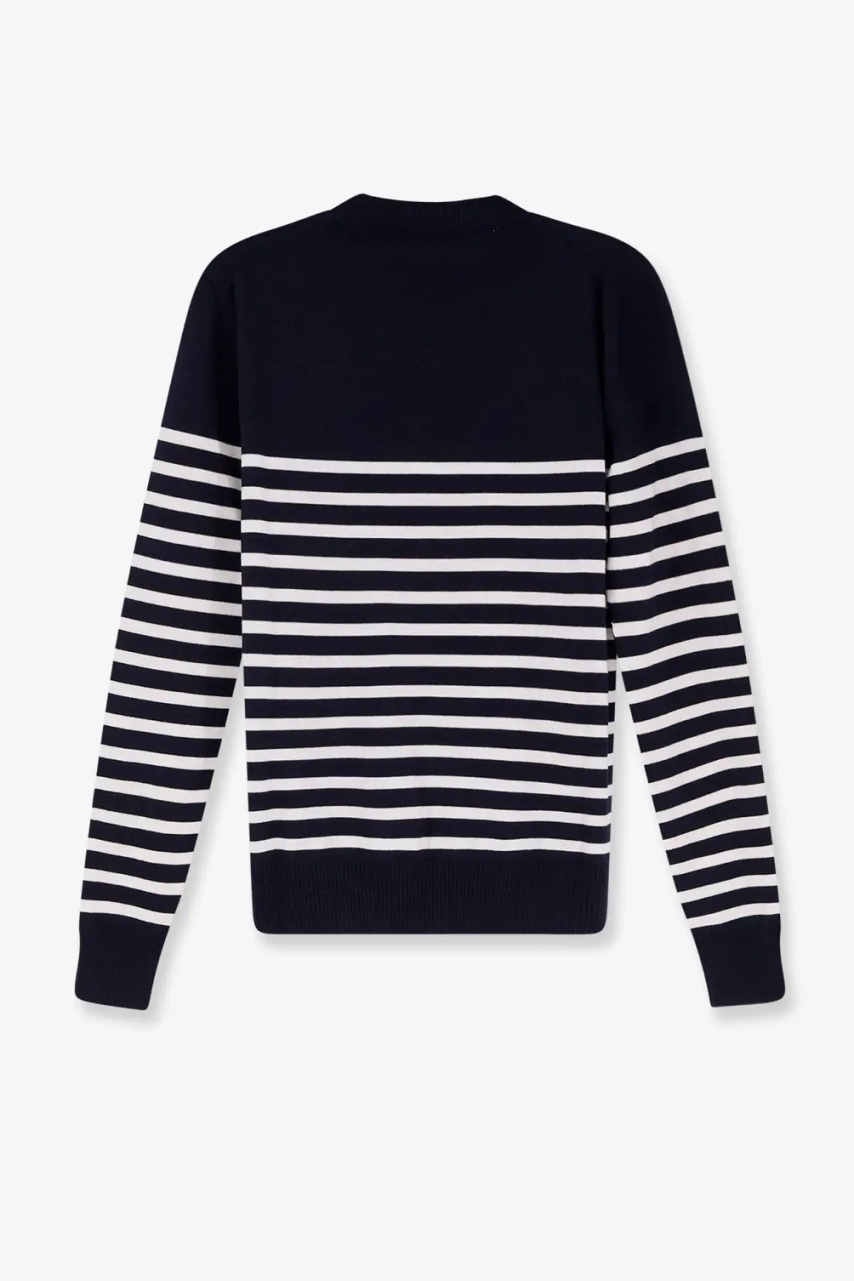 Dior men’s wool sweater blue showing the back side with black and white striped sleeves and solid navy back panel