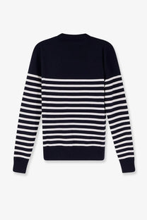 Dior men’s wool sweater blue showing the back side with black and white striped sleeves and solid navy back panel
