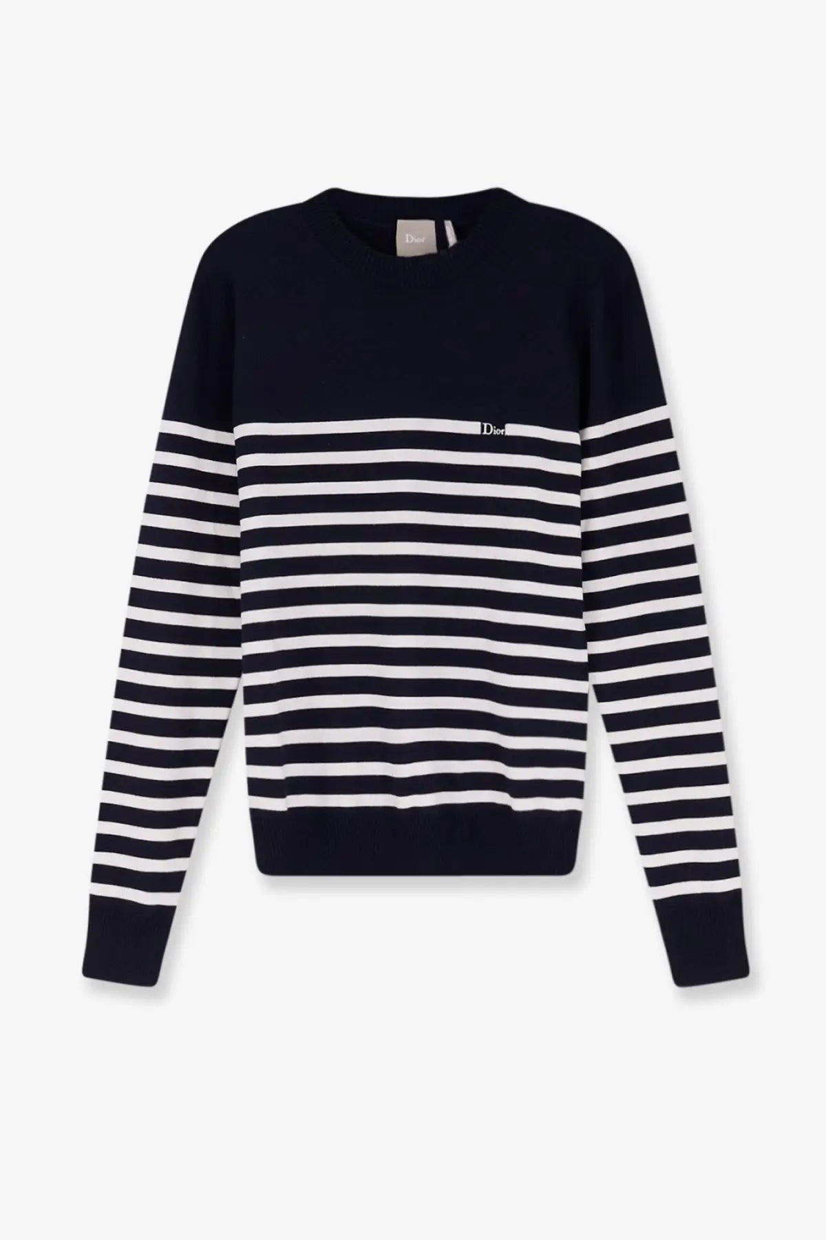 Black and white striped dior men’s wool sweater with classic crew neck design and blue accents