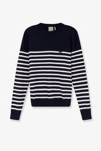 Black and white striped dior men’s wool sweater with classic crew neck design and blue accents