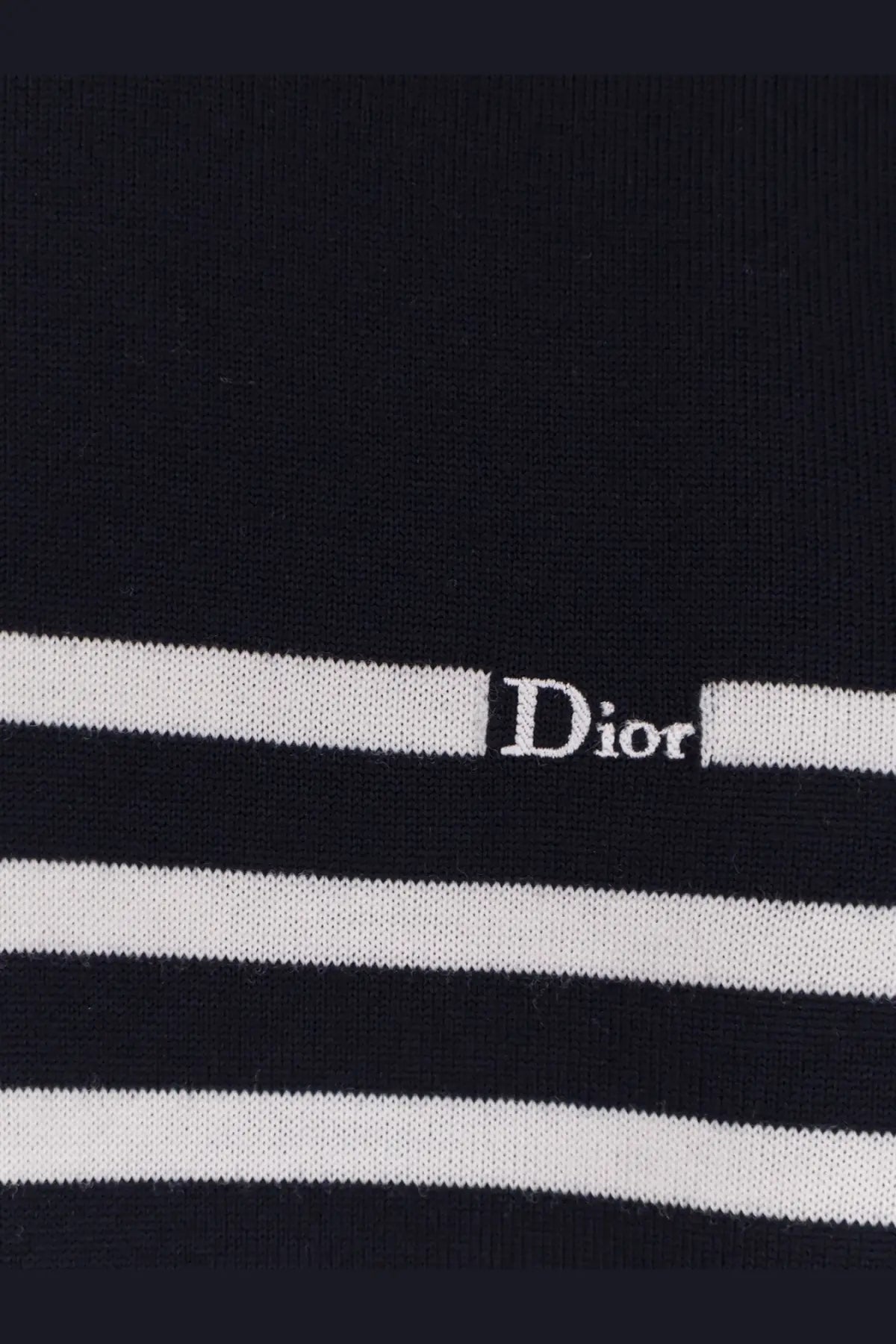 Dior men’s blue wool sweater with black and white stripes and dior embroidery on a horizontal stripe