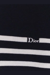 Dior men’s blue wool sweater with black and white stripes and dior embroidery on a horizontal stripe