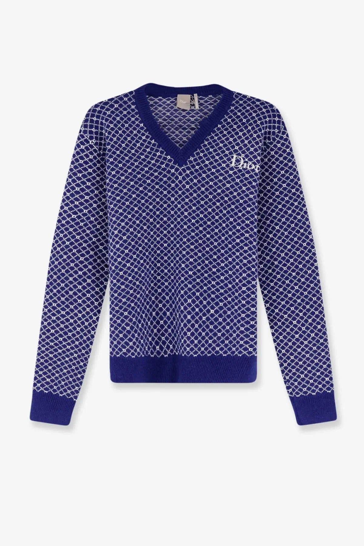 Deep blue Dior men’s wool v-neck sweater with white chain-link pattern and ribbed cuffs