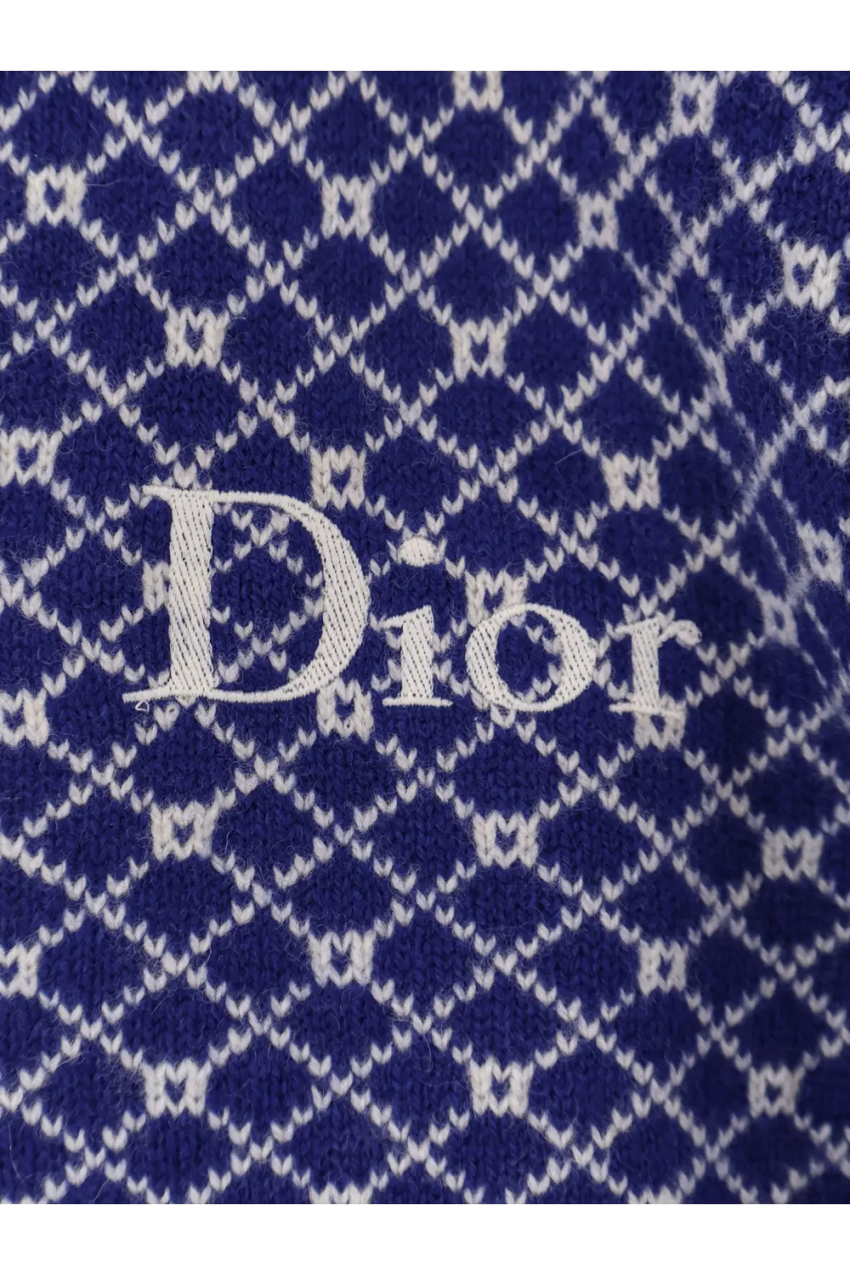 Navy blue dior men’s wool sweater with white diamond pattern and embroidered logo on front