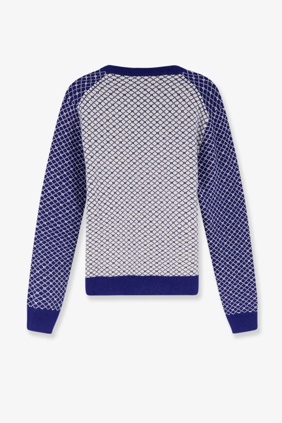 Dior men’s wool sweater in blue with white patterned mesh body and solid blue sleeves collar and cuffs