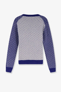 Dior men’s wool sweater in blue with white patterned mesh body and solid blue sleeves collar and cuffs
