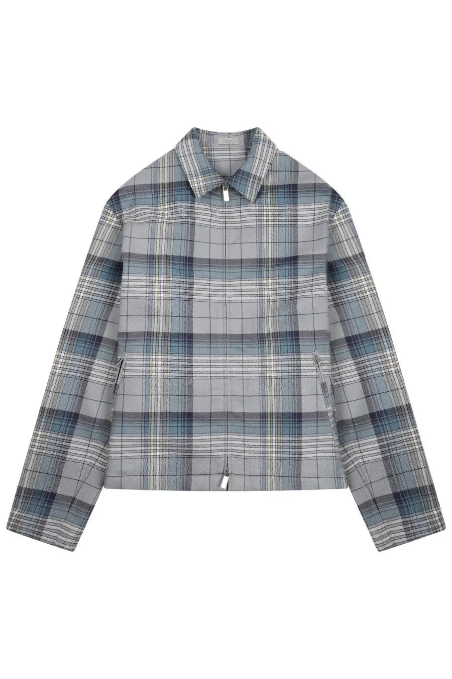 Dior men’s zippered check shirt multicolor gray and blue plaid jacket with collar front zipper and zippered pockets