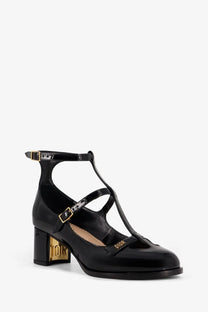 Black patent leather Dior women’s Aime Dior Mary Jane pump with gold-tone hardware and block heel
