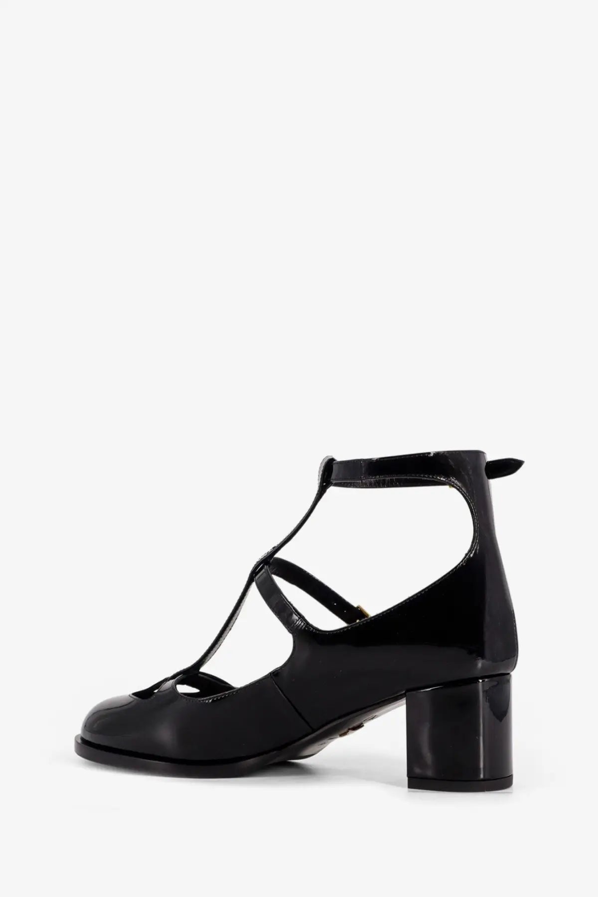 Dior women’s aime Dior patent leather Mary Jane pumps in black with t-strap heel and block sole ankle strap