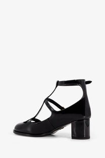 Dior women’s aime Dior patent leather Mary Jane pumps in black with t-strap heel and block sole ankle strap