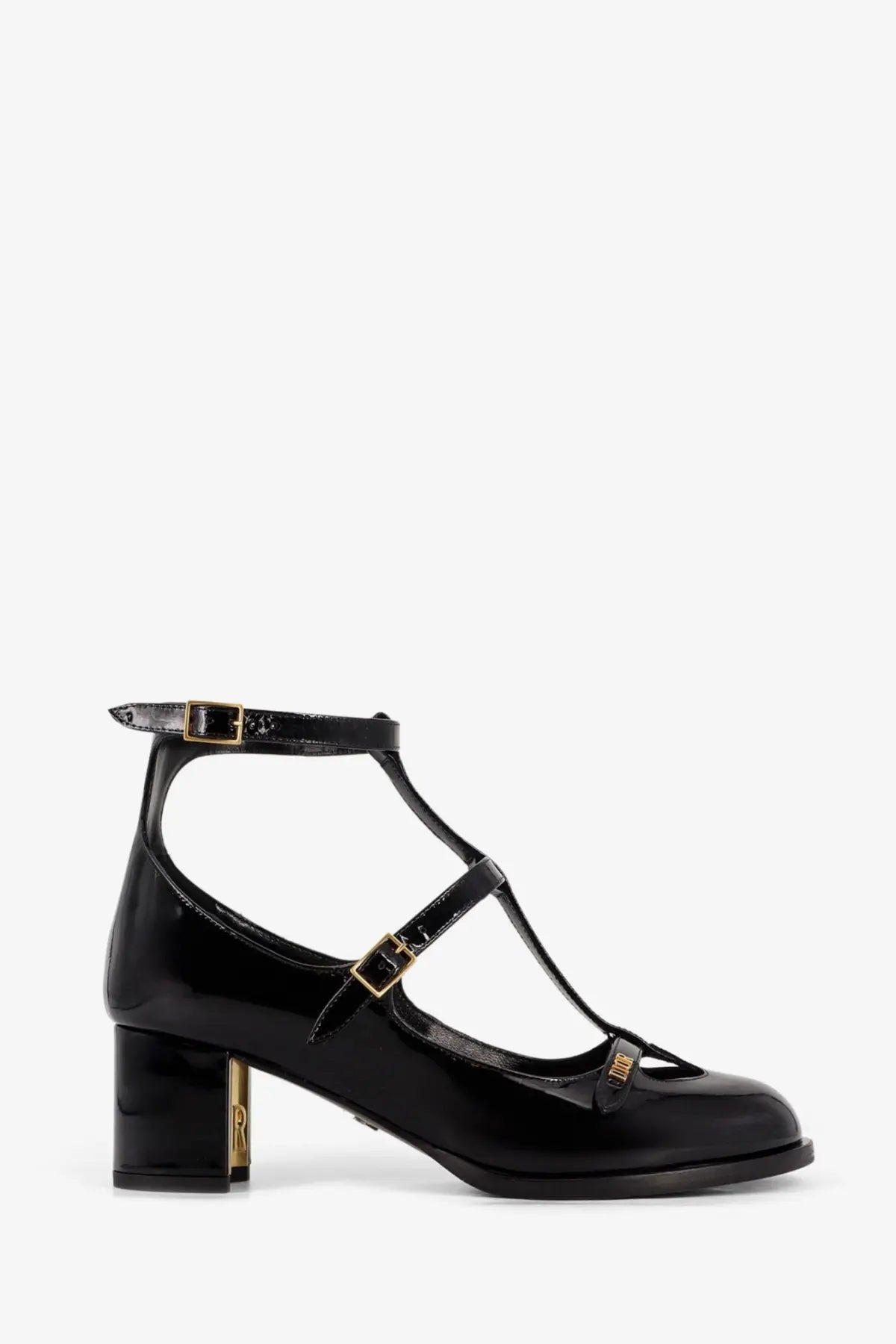 Dior women’s Aime Dior black patent leather Mary Jane pump with t-strap, gold-tone hardware, and block heel